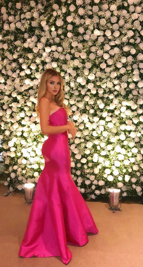 TingPo Wholesale Fancy Mermaid Strapless Hot Pink Satin Long Prom Dresses Ruffles Evening Dress formal wear dresses
